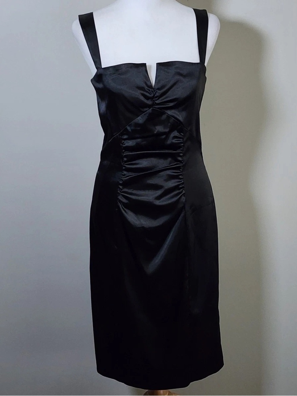 le chateau Classic Black Satin Sheath Dress with Square Neck